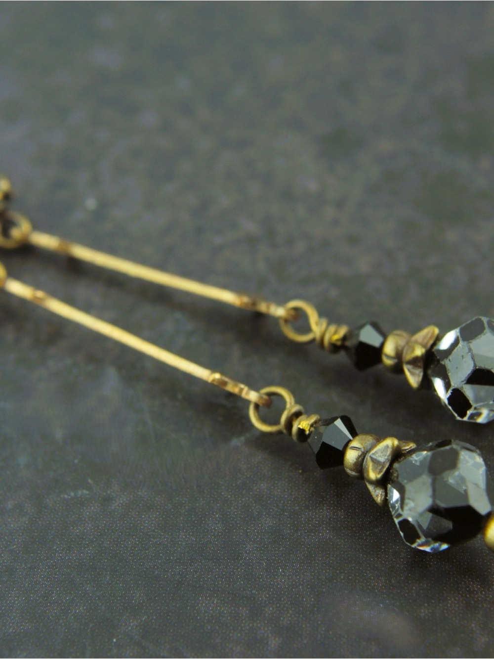 Black Crystal Drop Earrings with Antiqued Brass